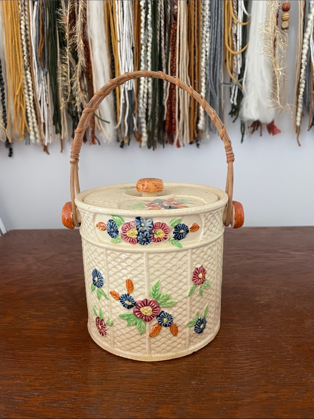 Hand-Painted Floral Ceramic Biscuit Jar with Woven Handle - Cream